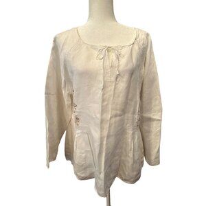 J. Jill Womens Linen Peasant Blouse Long Sleeve White Large